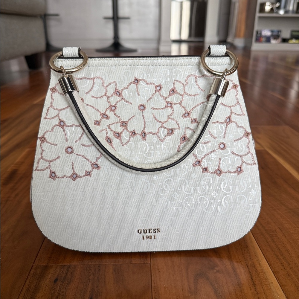 GUESS White and Pink Floral Shoulder Bag
